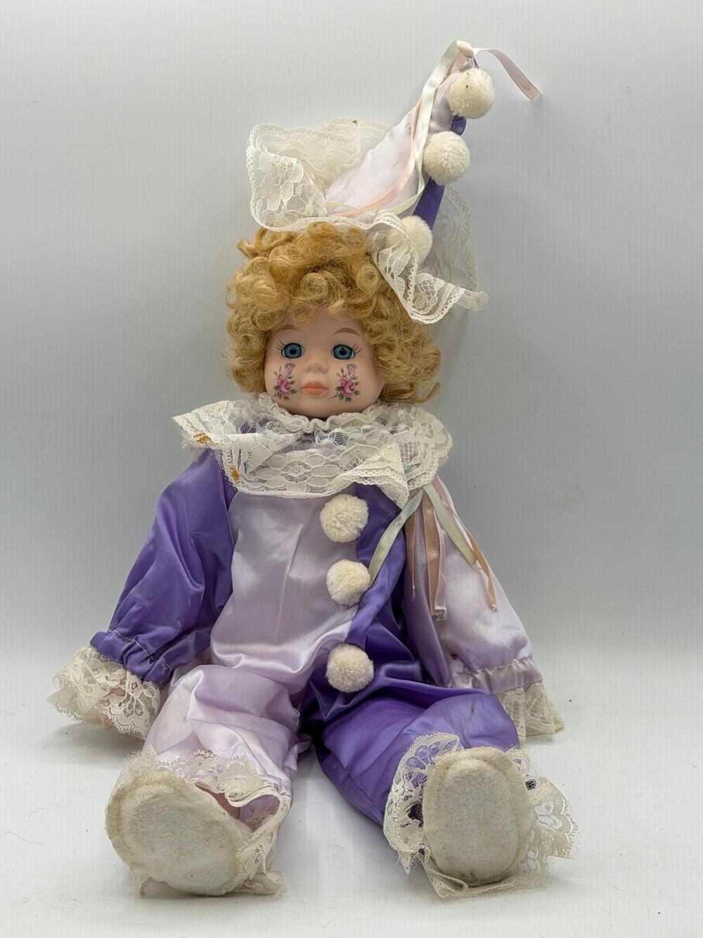 Vintage 17" Porcelain Harlequin Clown Doll – Purple & Lavender Satin, Lace Trim